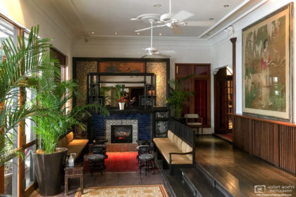 A view of the beautiful Art Deco-style lobby at the Fujiya Gohonjin Hotel in Nagano, Japan.