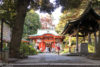 At Jiyugaoka Kumano Shrine in Tokyo, Japan, a girl is seen jumping beside the purification fountain.