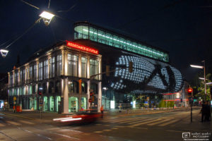 A night view of the Kunsthaus (Art Museum) in Graz, Austria, designed by Colin Fournier and Sir Peter Cook.