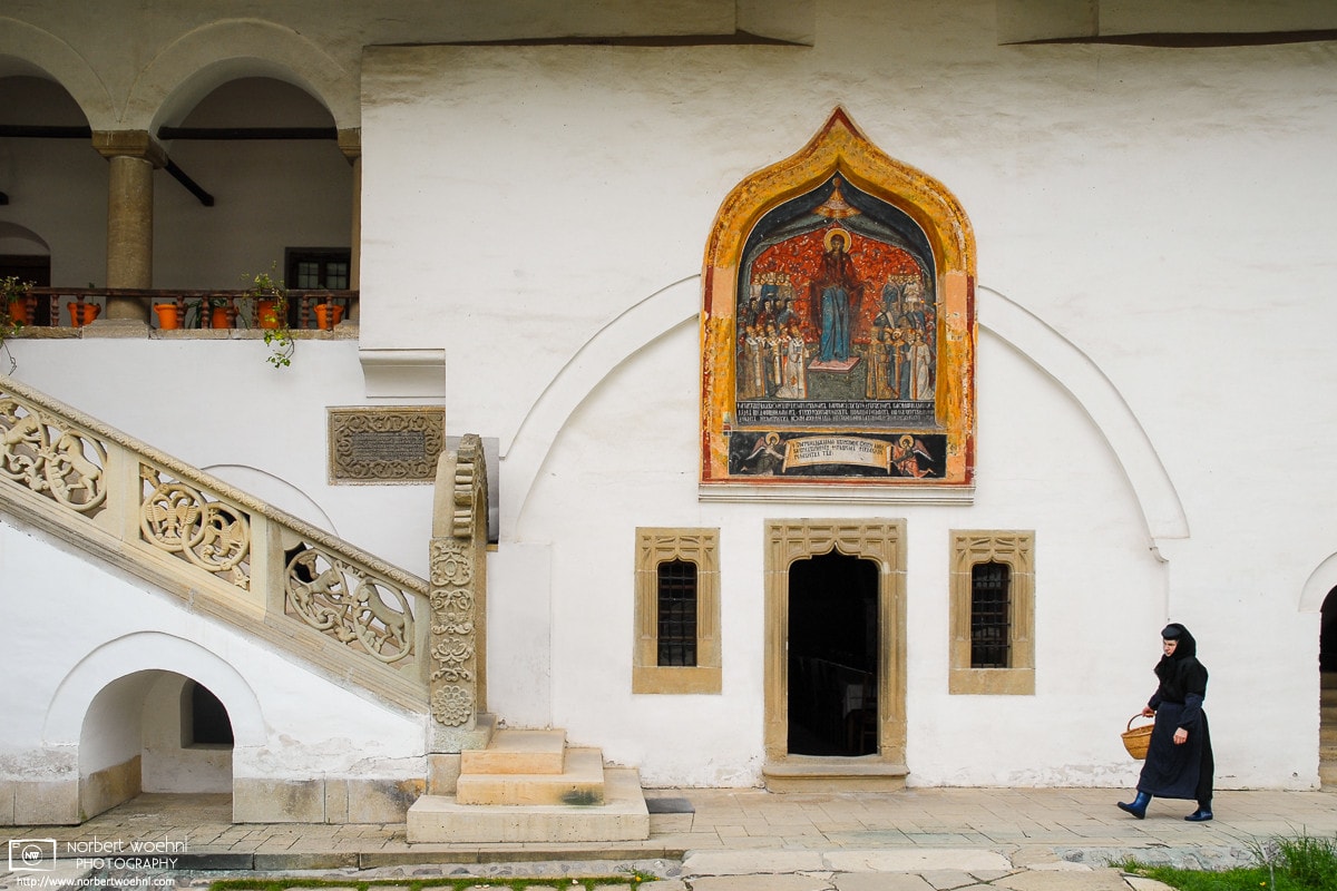 Horezu Monastery, founded in 1690, is located in the town of Horezu, Wallachia, Romania.