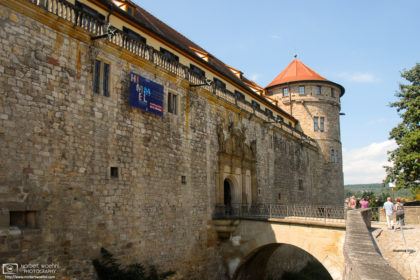 A view outside the upper gate and the 16th-century northeast tower of Hohentübingen Castle in Tübingen, Germany.