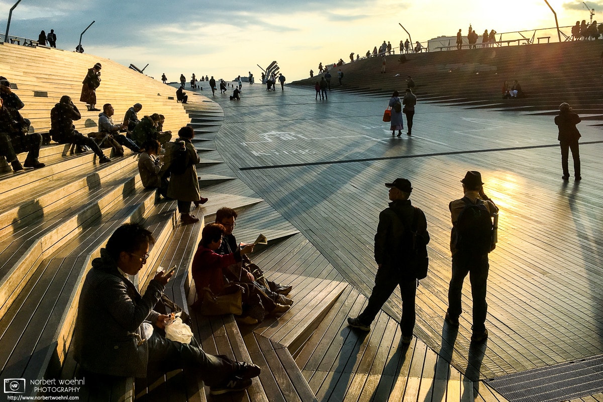 A late-afternoon scene outside Ohsanbashi Hall on the docks at the Port of Yokohama, Japan.