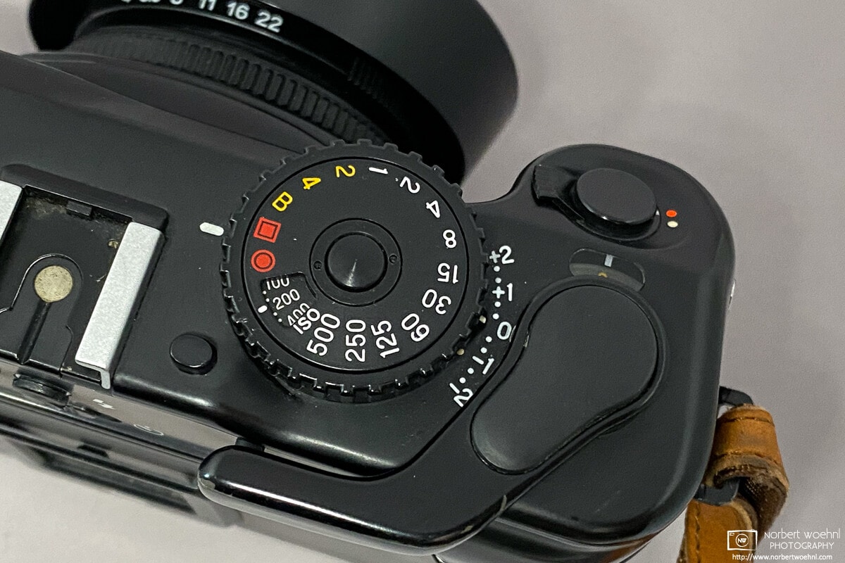 Top view of Mamiya 6 with detail of shutter speed dial