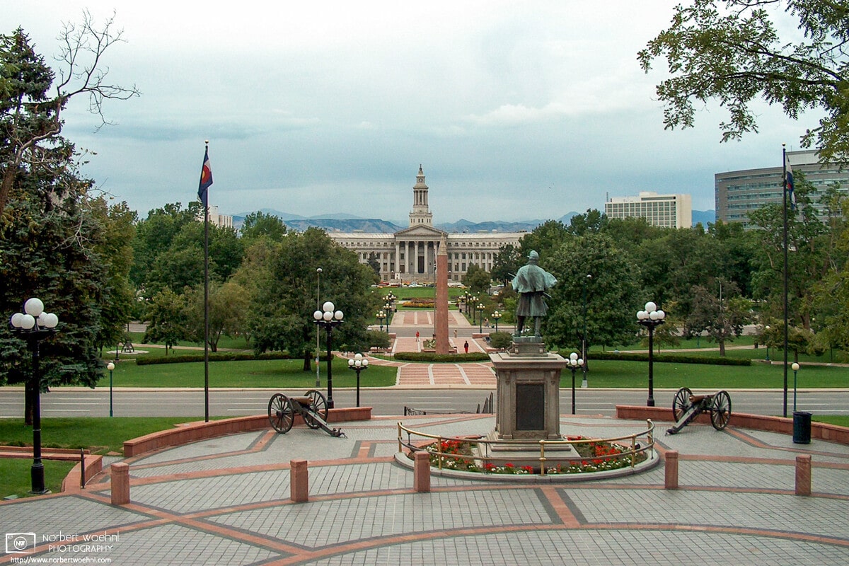 A view from the 15th step on the west side of the Colorado State Capitol Building at Denver. Some people call this the "mile-high view", as the altitude is exactly 5,280 ft (1.610 m) above sea level.