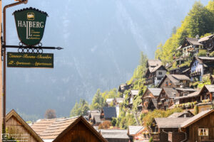 A view of the unique architecture of traditional hillside houses in the town of Hallstatt in Upper Austria.