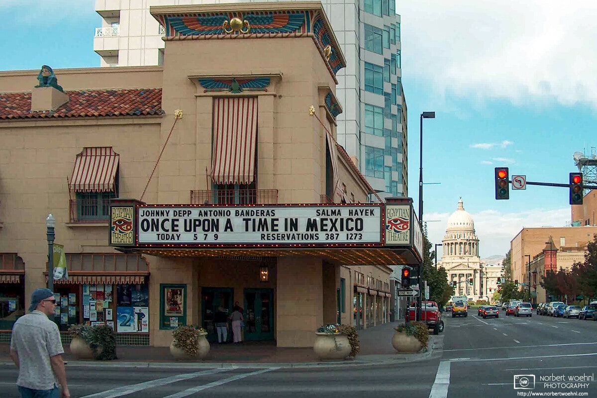 A view along North Capitol Boulevard in Boise, Idaho, with the neoclassical State Capitol Building visible in the background.