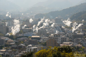 A view of the "Hells of Beppu", seven natural hot springs spread right across the city of Beppu in Oita Prefecture, Japan.