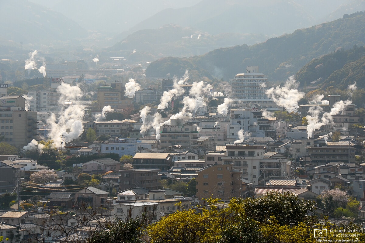 A view of the "Hells of Beppu", seven natural hot springs spread right across the city of Beppu in Oita Prefecture, Japan.