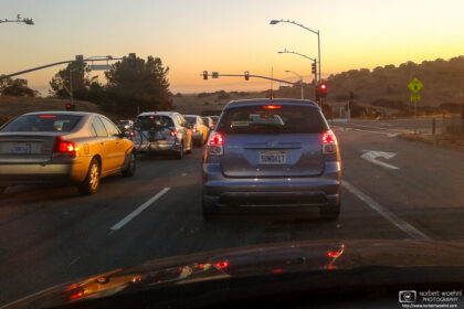 Waiting for the lights to turn green during a morning drive on Page Mill Road into Palo Alto, California.