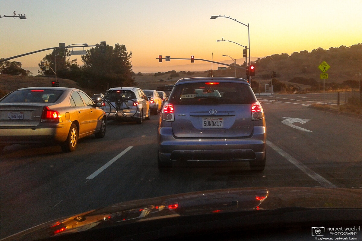 Waiting for the lights to turn green during a morning drive on Page Mill Road into Palo Alto, California.