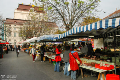 A stroll around the farmers' market on Kaiser-Josef-Platz in Graz, Austria, with the Opera House in the background.