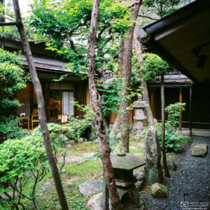 A small Japanese-style garden in the patio of a shop in the historic area of Takayama in Gifu Prefecture, Japan.
