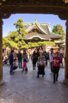 A look through the gate of Shibamata Taishakuten, a Buddhist temple in the Katsushika ward of Tokyo, Japan.
