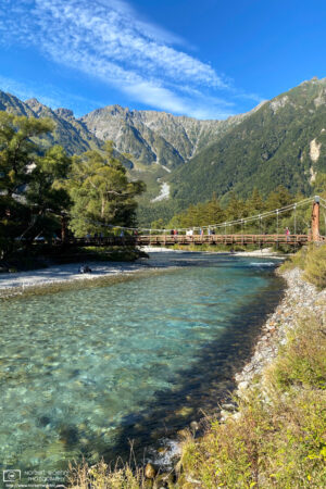 Kappa Bridge is crossing the Azusa River at Kamikochi, a mountainous highland valley in the western part of Nagano Prefecture, Japan.